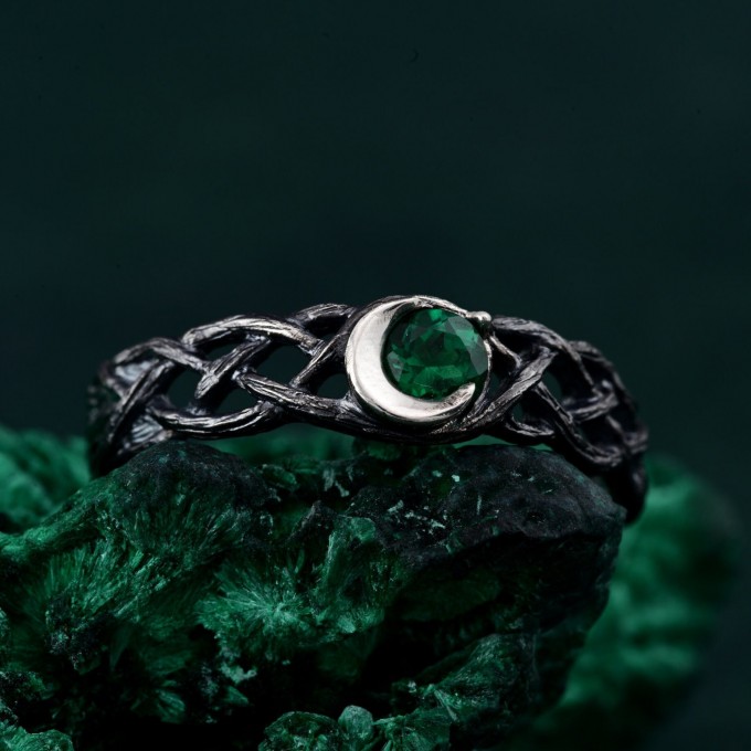 Enchanted Emerald Moon Ring with Whimsical Forest Branch Design