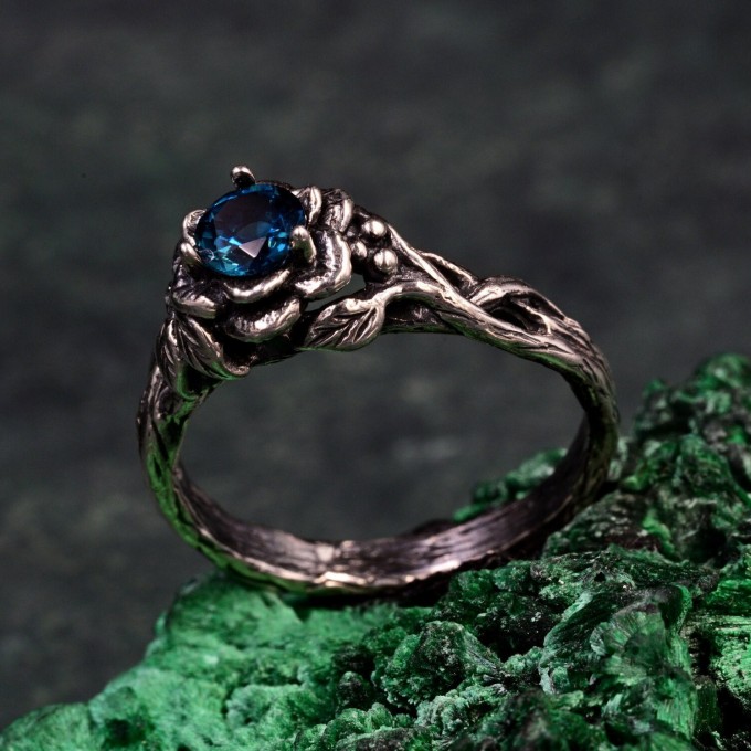 Bloom of Dusk: Gothic London Blue Topaz Rose Ring