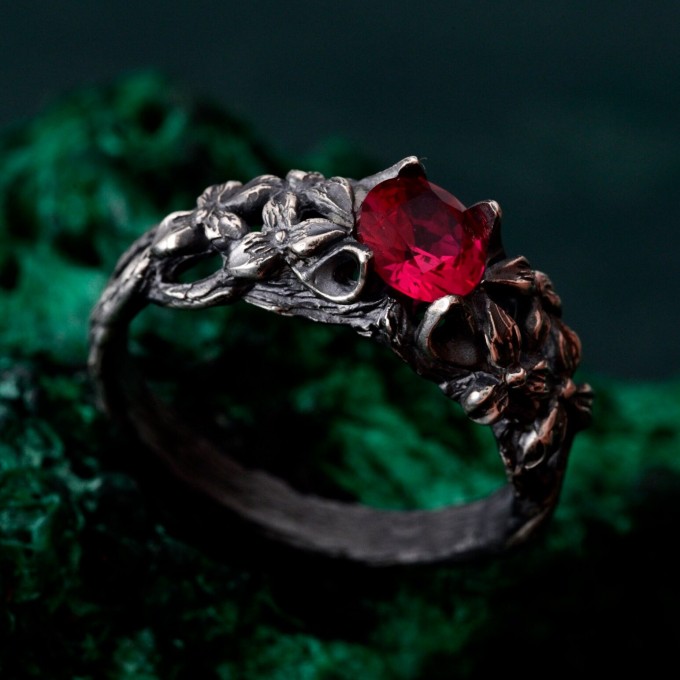 Crimson Blossom: Gothic Sterling Silver Ring with Radiant Ruby