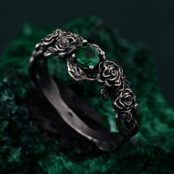 Emerald Blossom Silver Ring – Nature's Elegance with Floral Twig Accent, Dainty Branch Delight Ring Featuring Flower on Silver Twig