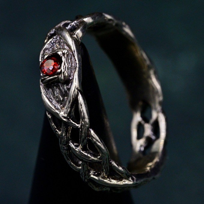 Wide Celtic Wedding Ring – Tree Bark Pattern with Garnet, Vintage Style Garnet Ring, Men's and Women's Wedding Band