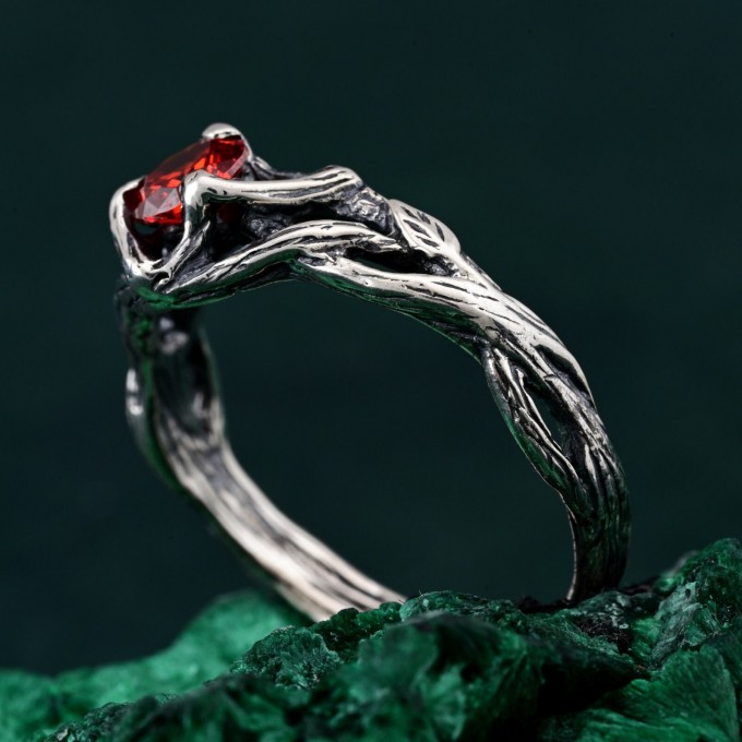 Garnet Nature-Inspired Branch Ring - Unique Silver Engagement Ring for Her