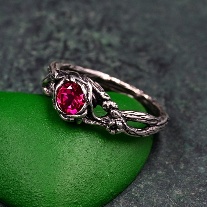 Nature-Inspired Sterling Silver Branch Ring with Ruby