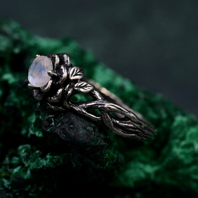 Bohemian Moonstone Lotus Ring - Unique Botanical Design