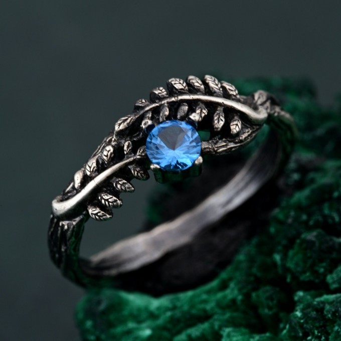 Topaz Fern Branchlet Ring – Whispering Fern Ring, Twig and Fern Ring, Woodland Fern Band, Graceful Frond Ring