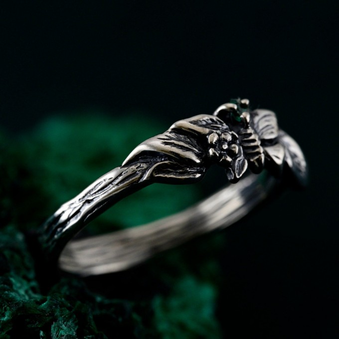 Unique Butterfly Engagement Ring – Nature-Inspired Design with Emerald, Twig Engagement Ring in Sterling Silver