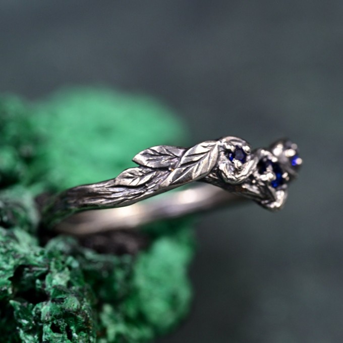 Minimalist Chevron Twig and Leaf Ring & Forest Branch Wedding Band