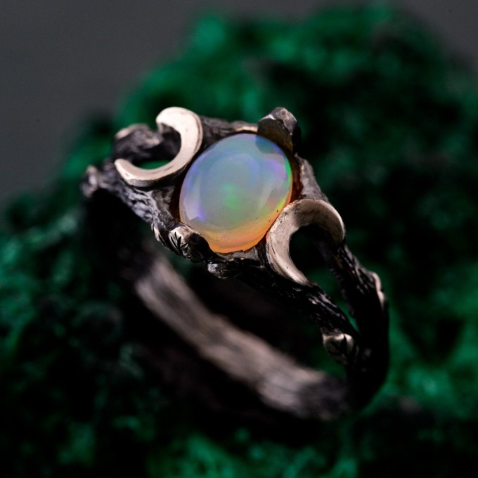 Silver Moon Phase Ring with Opal: Boho Celestial Wedding Band with Enchanted Forest Design