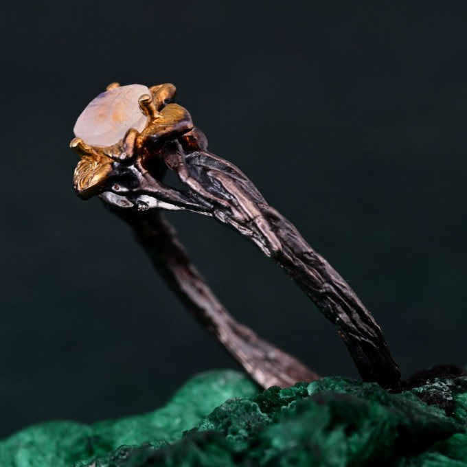 Moonstone Blossom Twig Ring & Enchanted Forest Moonstone Ring