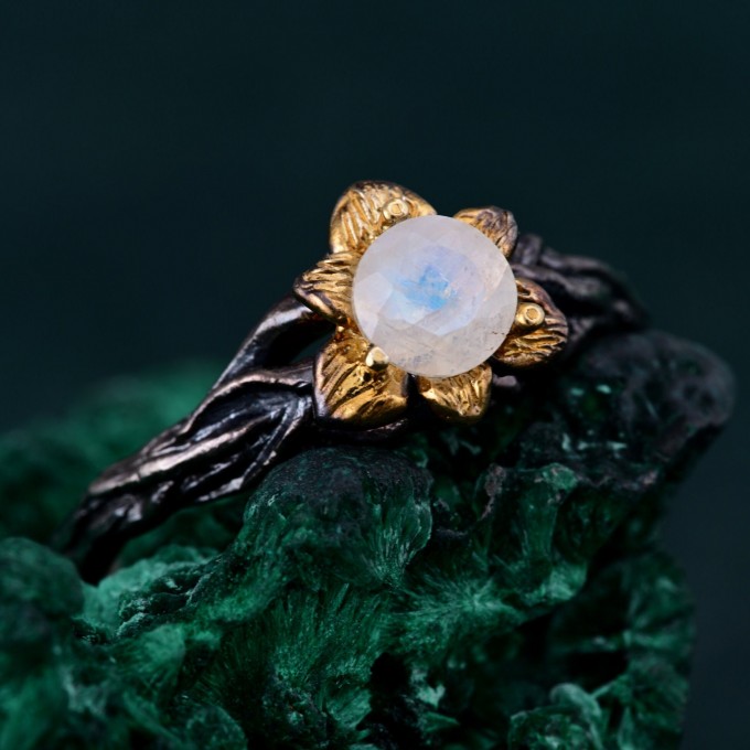 Moonstone Blossom Twig Ring & Enchanted Forest Moonstone Ring