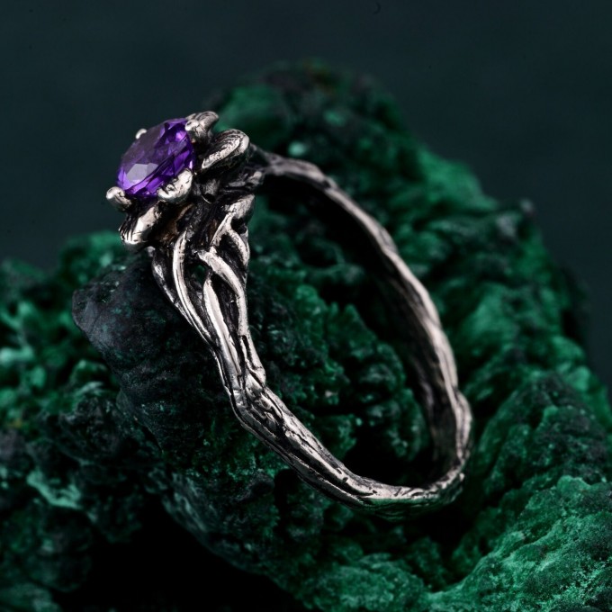 Woodland Whispers Ring – Enchanted Forest Amethyst Ring, Whimsical Vine and Blossom Twig Design, Unique Nature-Inspired Ring