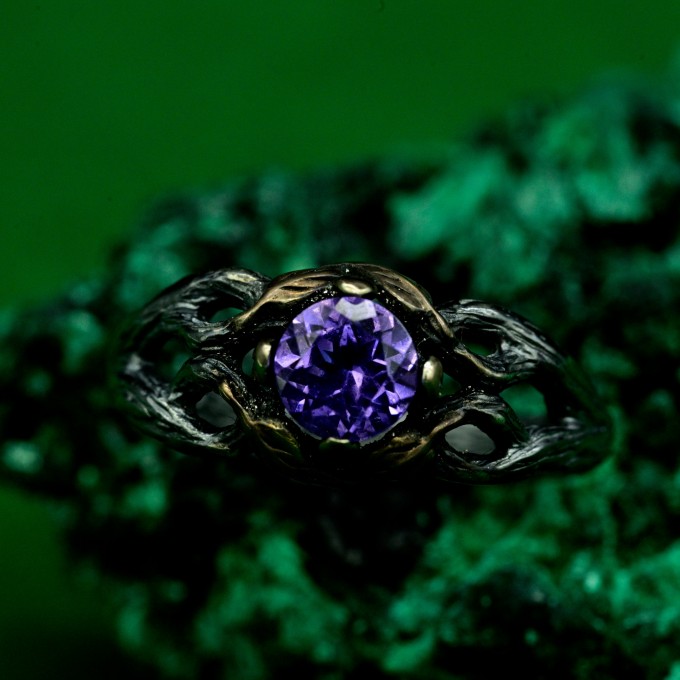 Mystical Forest Ring with Amethyst and Leafy Blossom Design