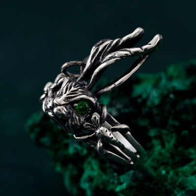 Emerald-Eyed Rabbit Fantasy Ring, Artisan-Crafted Animal Statement Jewelry, Enchanted Forest-Inspired Silver Band, Mystical Gift for Her