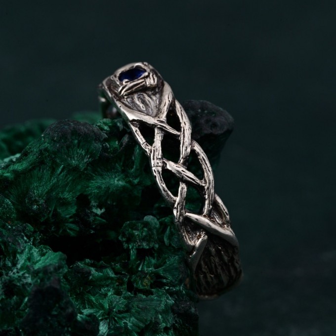 Vintage Style Tree Sapphire Ring – Wide Celtic Wedding Band with Intricate Design, Nature-Inspired Sapphire Ring