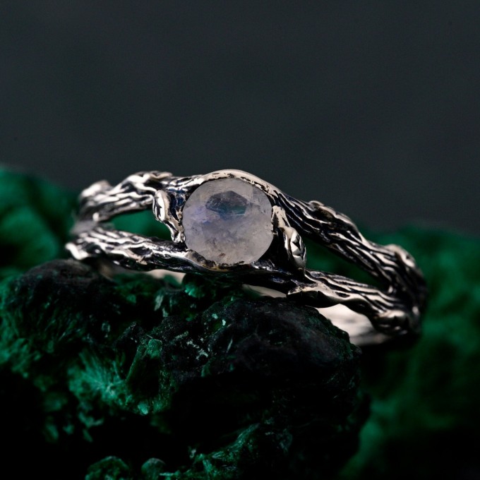 Gothic Silver Ring with Moonstone and Nature Motif