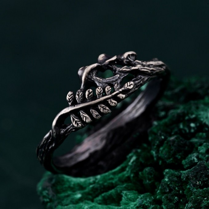Unisex Gothic Wedding Band – Witchy Statement Ring, Geometric Silver Ring with Mushroom Design, Unique Gothic Jewelry