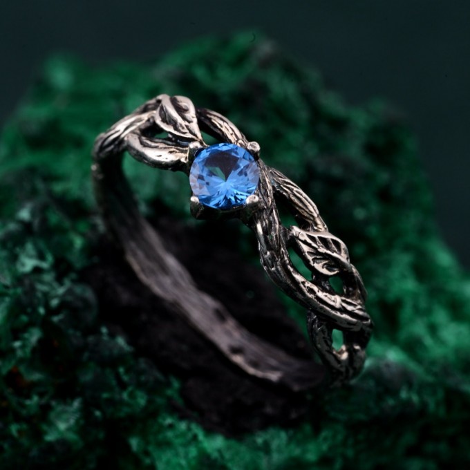 Leaves of Serenity: Gothic Blue Gemstone Ring