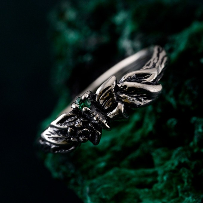 Unique Butterfly Engagement Ring – Nature-Inspired Design with Emerald, Twig Engagement Ring in Sterling Silver