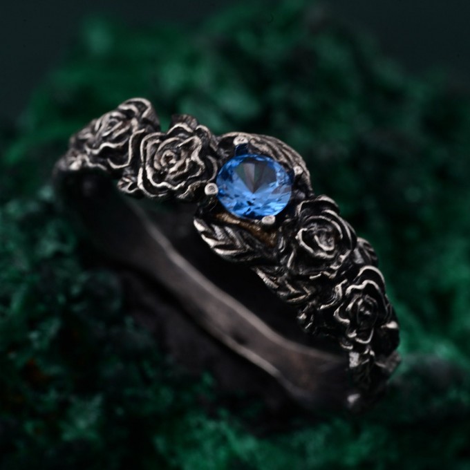 Topaz Blossom Silver Ring – Nature's Elegance Silver Ring, Floral Twig Accent Ring, Dainty Branch Delight Ring, Flower on Silver Twig Ring