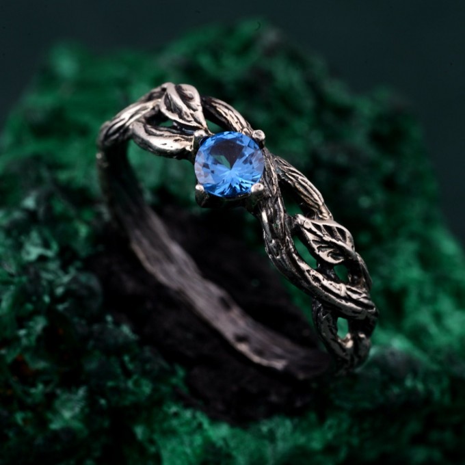 Leafy Branch with Topaz Ring – Nature-Inspired Silver Twig Jewelry