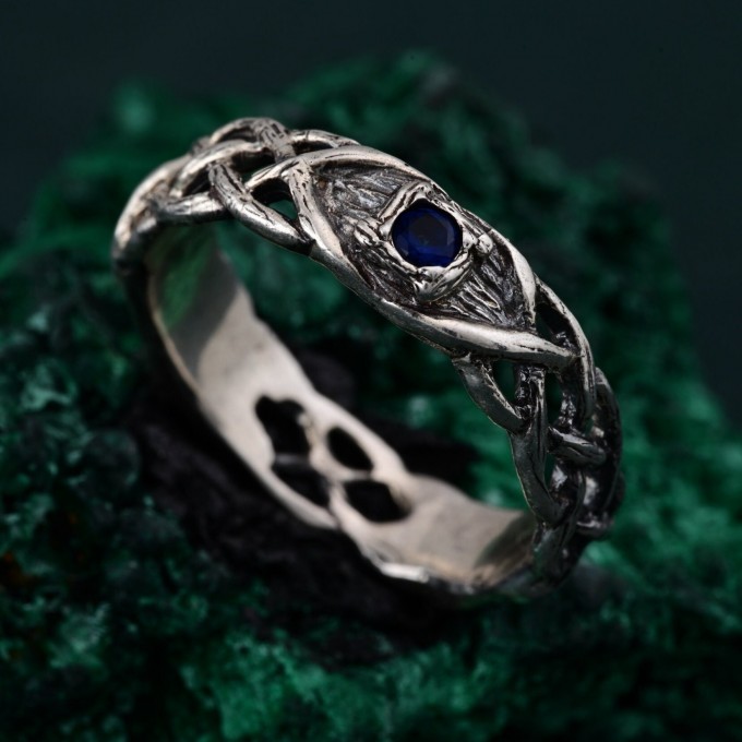 Wide Celtic Wedding Ring – Tree Bark Pattern with Sapphire, Vintage Style Sapphire Ring, Men's and Women's Wedding Band