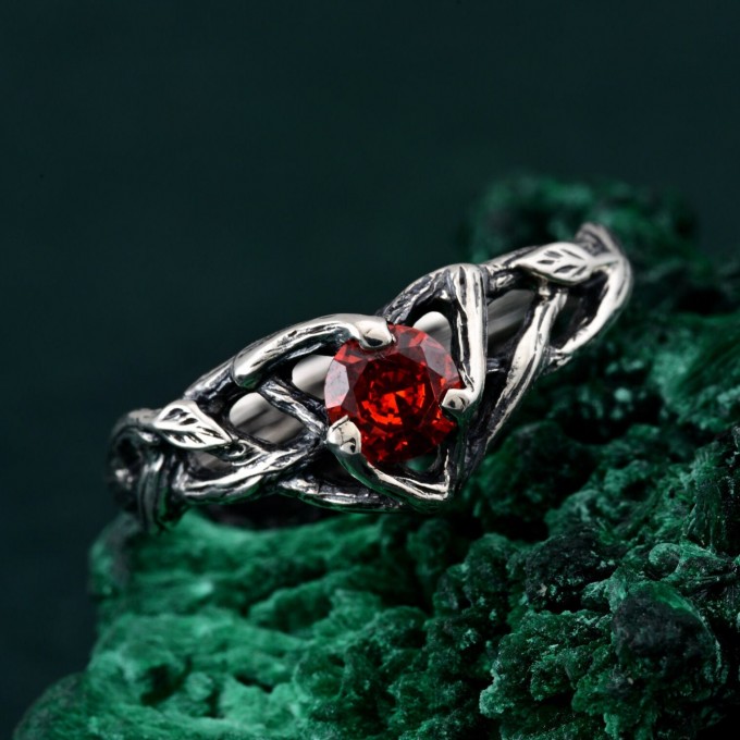 Silver Nature Ring: Garnet Branch-Inspired Engagement Ring for Her