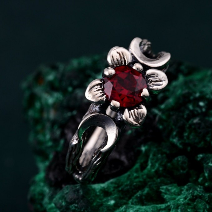 Mystic Ruby Lunar Ring - Triple Moon Goddess Silver Engagement Ring