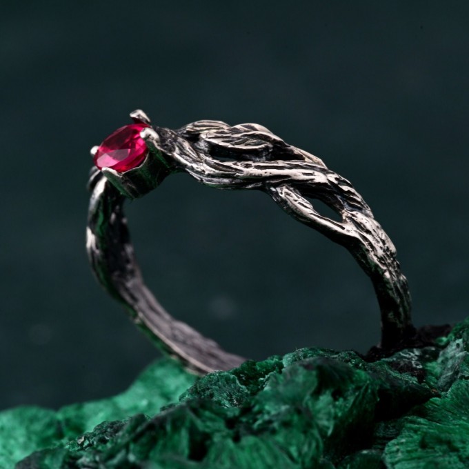 Delicate Twig Engagement Ring with Ruby – Leafy Branch Twisted Wedding Band