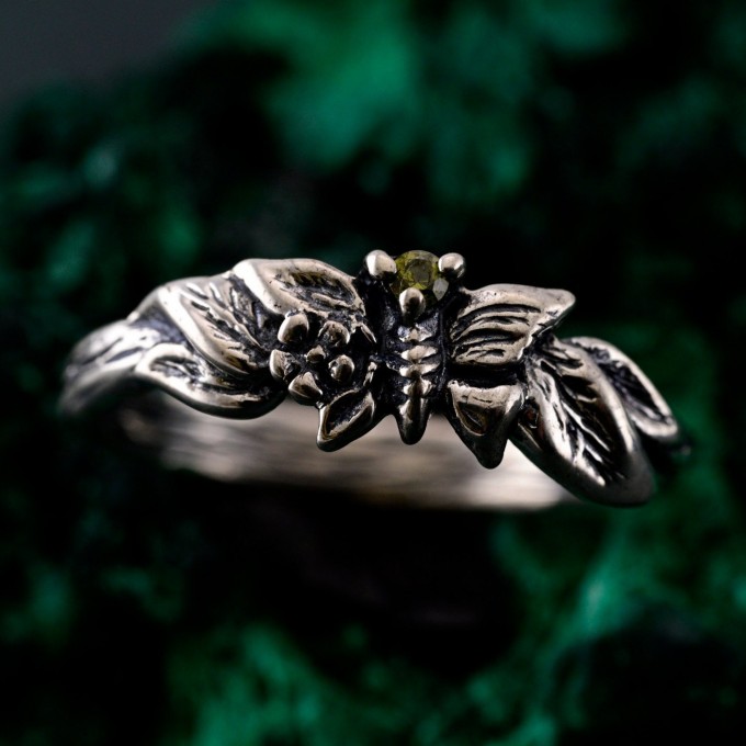 Enchanted Forest Peridot Twig Ring with Unique Butterfly Design