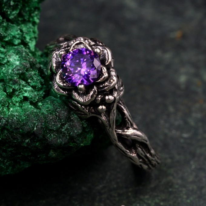 Amethyst Dewdrop Ring - Silver Leaves Embrace with Botanical Romance Design