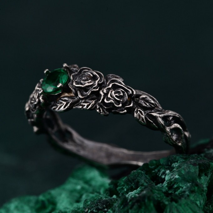 Emerald Blossom Silver Ring – Nature's Elegance with Floral Twig Accent, Dainty Branch Delight Ring Featuring Flower on Silver Twig