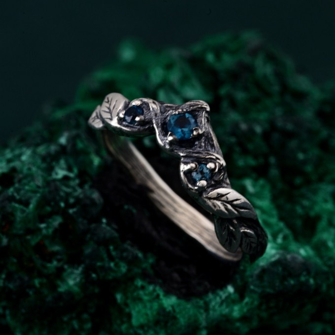 Witchy Fantasy Jewelry for Women – Chevron Wedding Band with Forest Theme, Nature-Inspired Engagement Ring