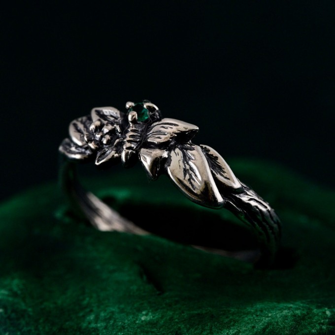 Unique Butterfly Engagement Ring – Nature-Inspired Design with Emerald, Twig Engagement Ring in Sterling Silver