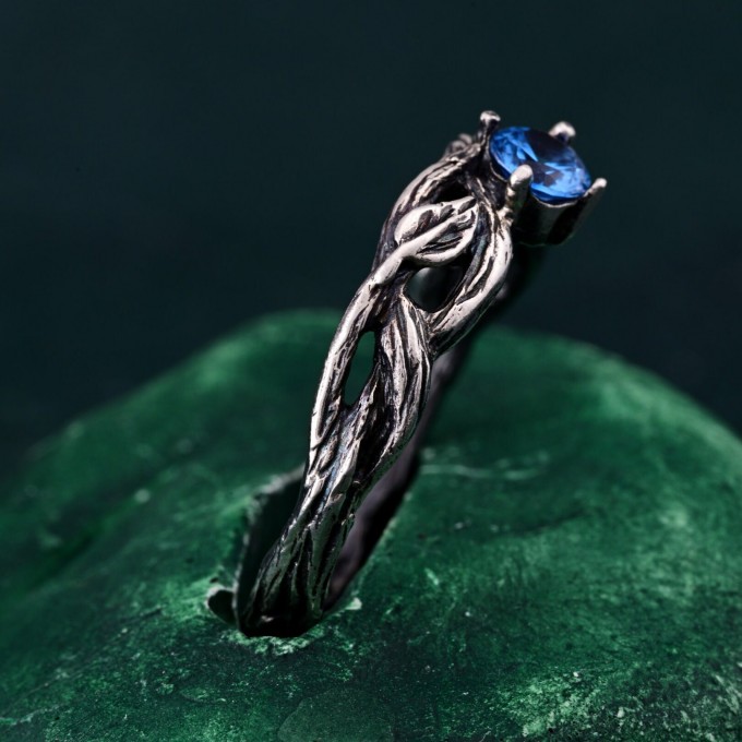 Leaves of Serenity: Gothic Blue Gemstone Ring