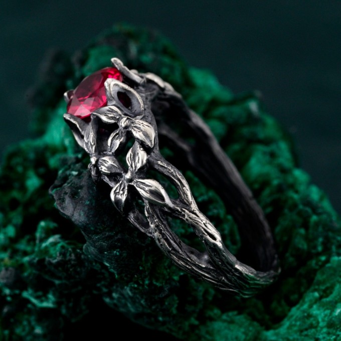 Crimson Blossom: Gothic Sterling Silver Ring with Radiant Ruby