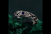 Vintage Style Tree Sapphire Ring, Celtic Wedding Band with Wide Band and Intricate Design