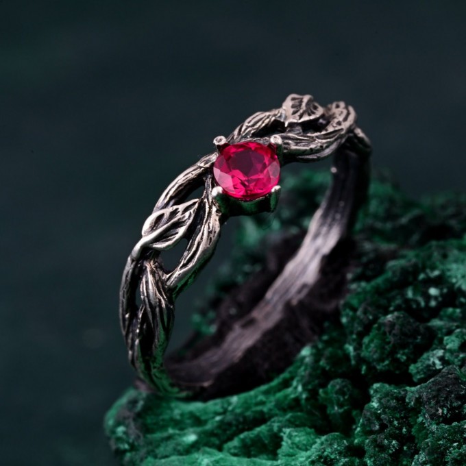 Delicate Twig Engagement Ring with Ruby – Leafy Branch Twisted Wedding Band