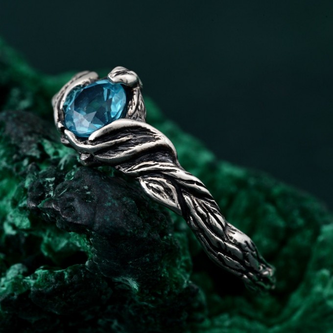 Sterling Silver Fantasy Wedding Ring with Nature Inspired Motif – Nature's Embrace Ring, Enchanted Forest Engagement Ring