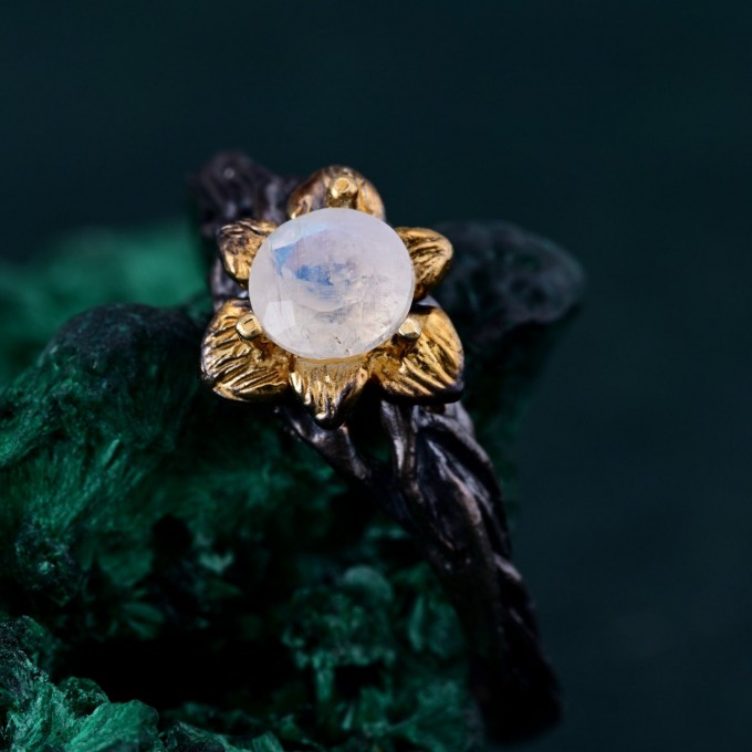 Moonstone Blossom Twig Ring & Enchanted Forest Moonstone Ring