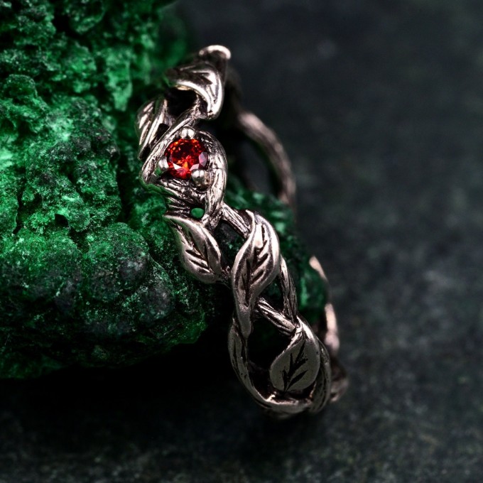 Garnet Twig Silver Ring with Dainty Branch and Petite Leaf Design