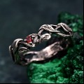 Garnet Twig Silver Ring with Dainty Branch and Petite Leaf Design