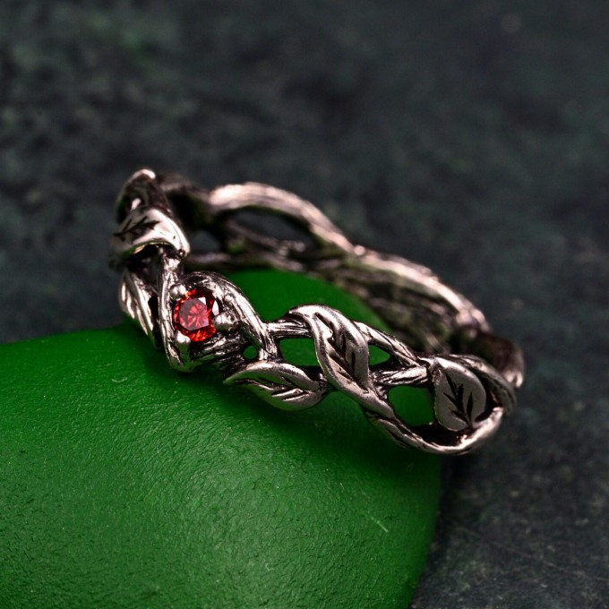 Woodland Fairycore Silver Eternity Ring – Men's Leafy Vine Engagement Band, Braided Tree Branch Silver Ring, Leaf Design Band