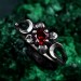 Celestial Silver Moon Ring – Mystic Garnet Lunar Ring, Triple Moon Goddess Ring, Silver Moon Trio, Crescent Goddess Ring, Engagement Ring