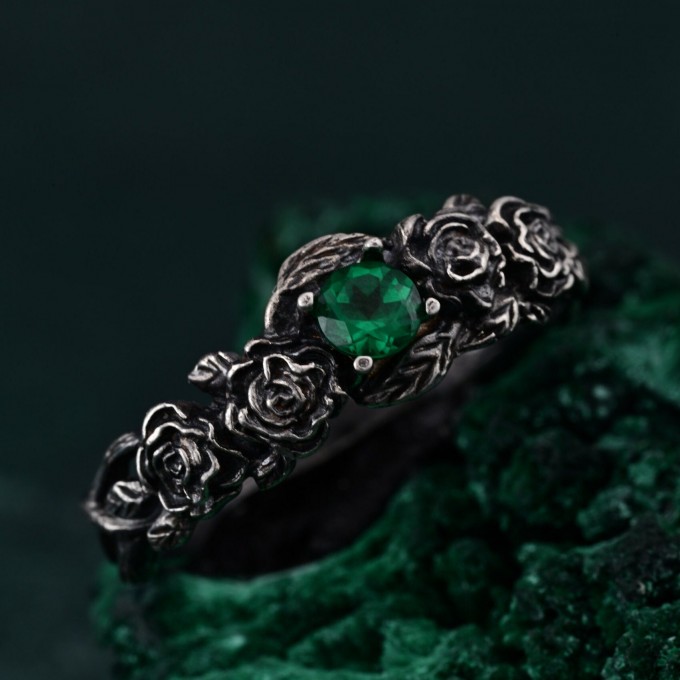 Emerald Blossom Silver Ring – Nature's Elegance with Floral Twig Accent, Dainty Branch Delight Ring Featuring Flower on Silver Twig
