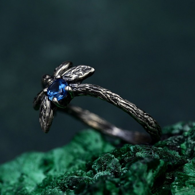 Fluttering Butterfly Gem Ring with Sapphire and Silver Design