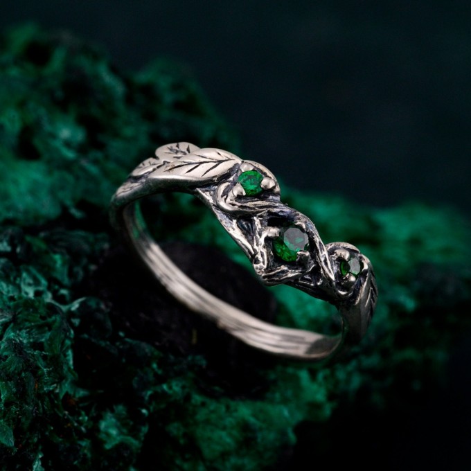 Emerald Engagement Band – Wooden Wedding Branch, Forest Wedding Ring, Branch of Love, Wooden Harmony Wedding Band