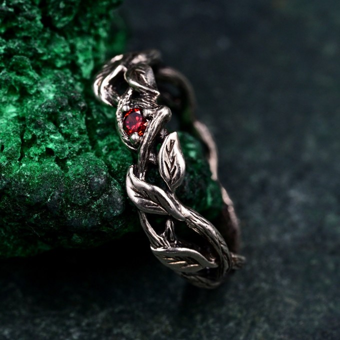 Woodland Fairycore Silver Eternity Ring – Men's Leafy Vine Engagement Band, Braided Tree Branch Silver Ring, Leaf Design Band