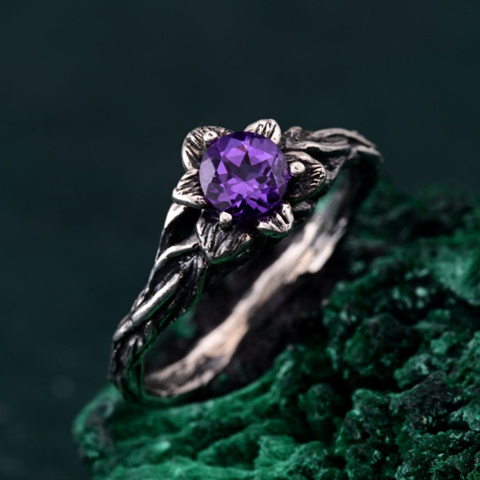 Garnet Blossom Twig Ring with Whimsical Vine Design