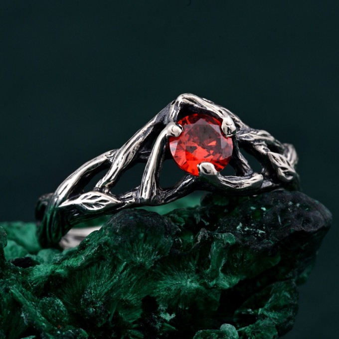 Garnet Nature-Inspired Branch Ring - Unique Silver Engagement Ring for Her