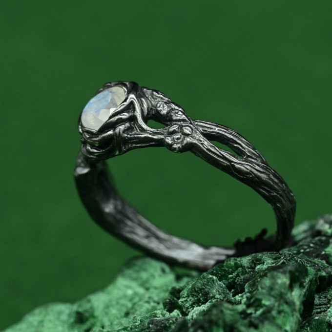 Moonstone Fairy Twig Ring - Elven Silver Engagement with Floral Wildflower Design
